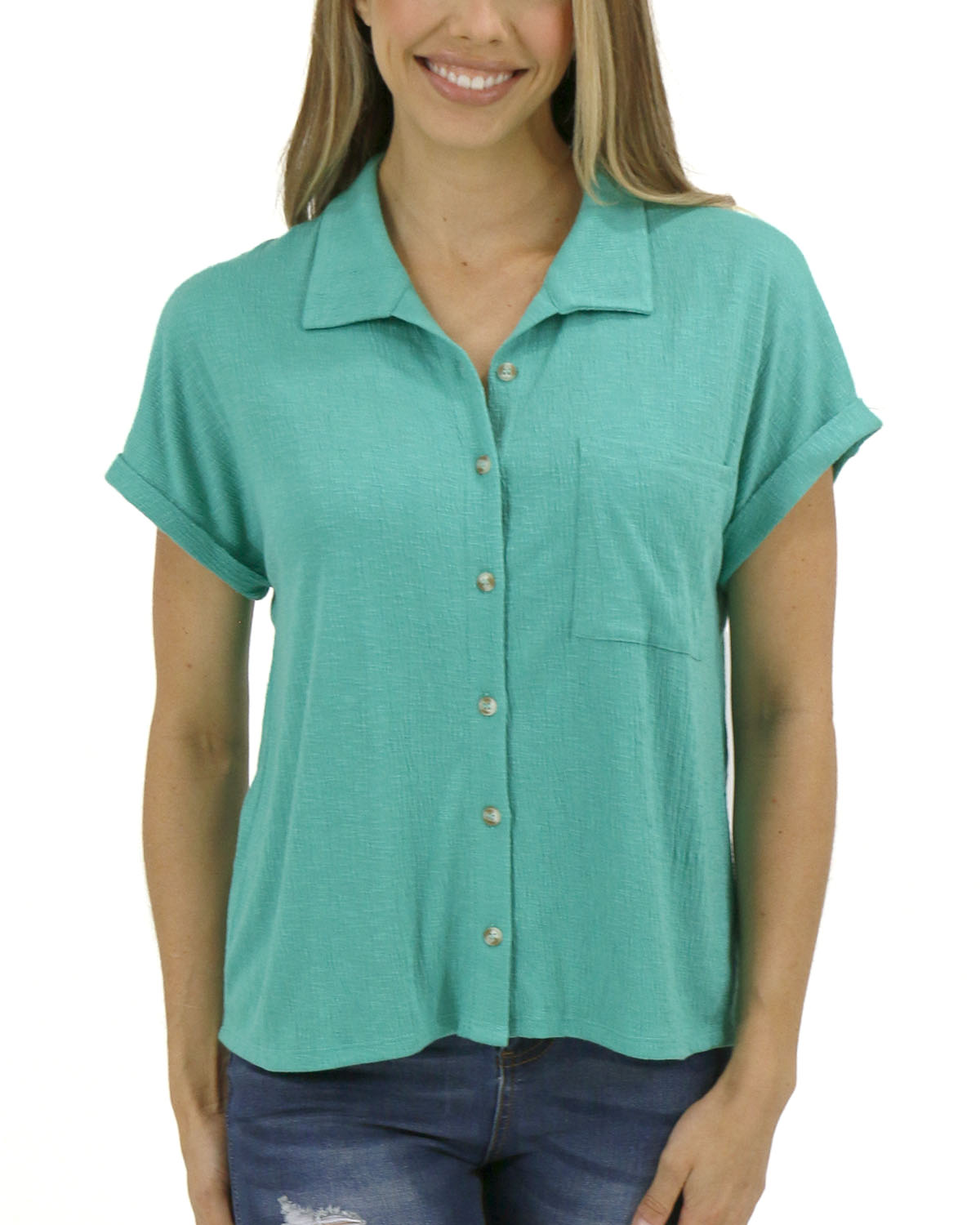 Easy Slouch Button Down Top in Garden Green