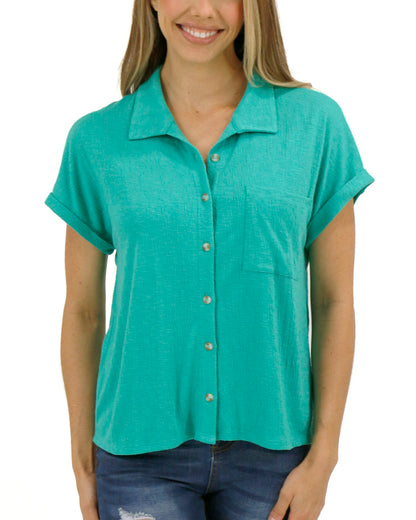 Easy Slouch Button Down Top in Garden Green