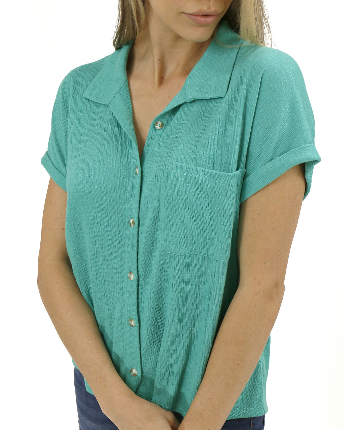 Easy Slouch Button Down Top in Garden Green