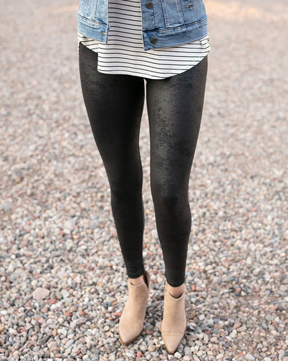 front view of faux leather leggings