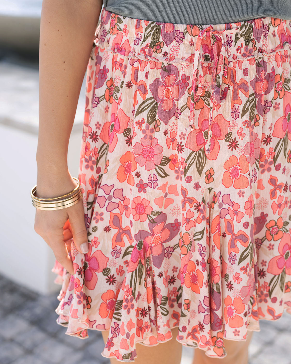 close up of vintage floral pink print flutter skirt