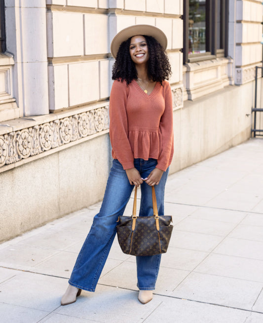 Mel's Pretty Peplum Sweater in Brick