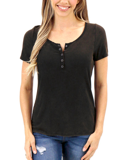 Mineral Washed Ribbed Henley in Black Mica - FINAL SALE
