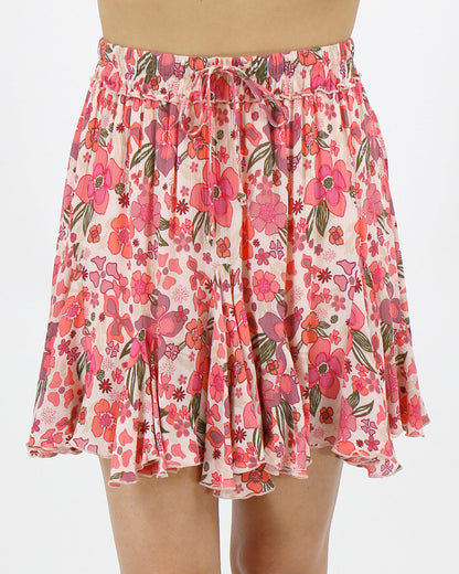 close up stock shot drawstring elastic waistband vintage floral flutter skirt