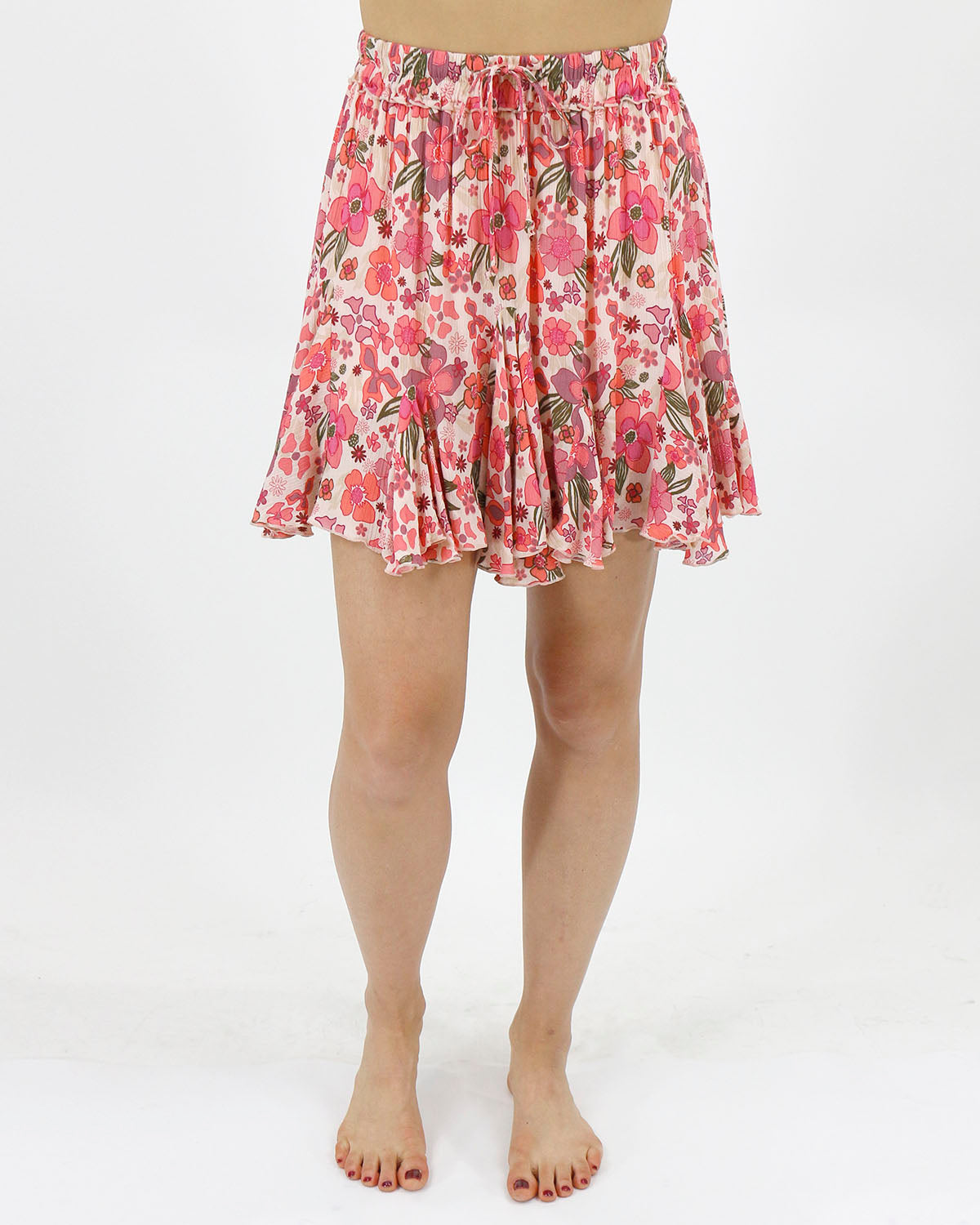 stock shot pull on vintage floral pink pull on skirt drawstring detail