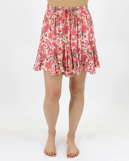 stock shot pull on vintage floral pink pull on skirt drawstring detail