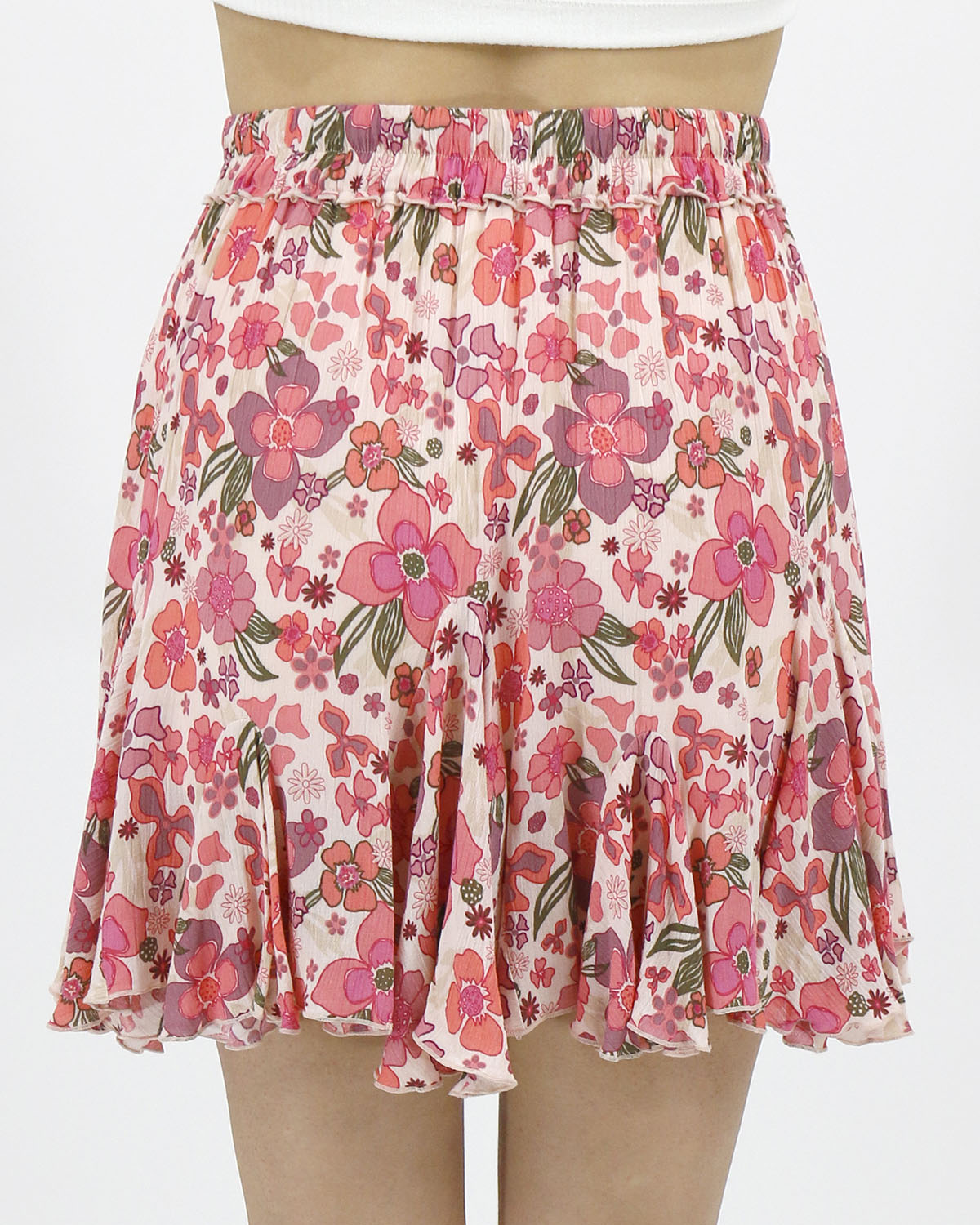 back view flutter pull on pink floral skirt