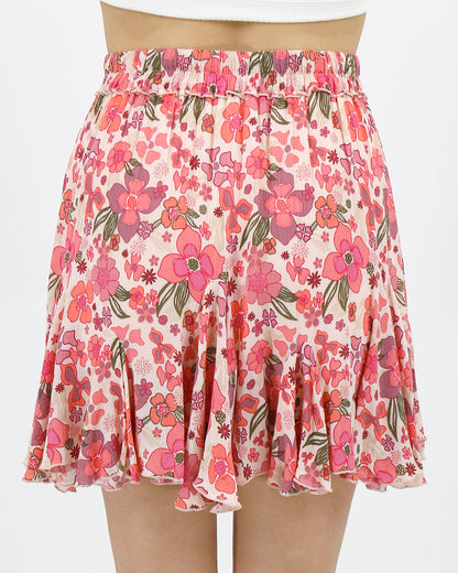 back view flutter pull on pink floral skirt