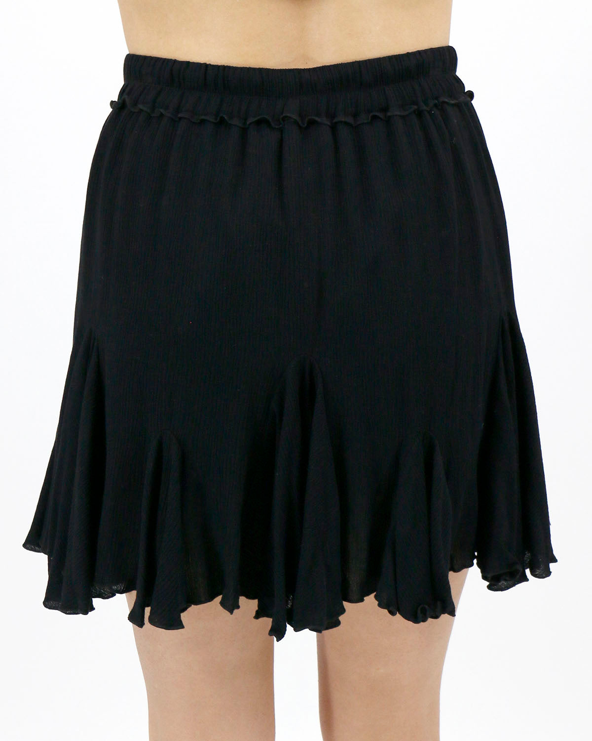 back view stock shot black pull on flutter skirt elastic waistband