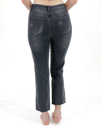 Mel's Fave Distressed Straight Leg Cropped Denim in Washed Black