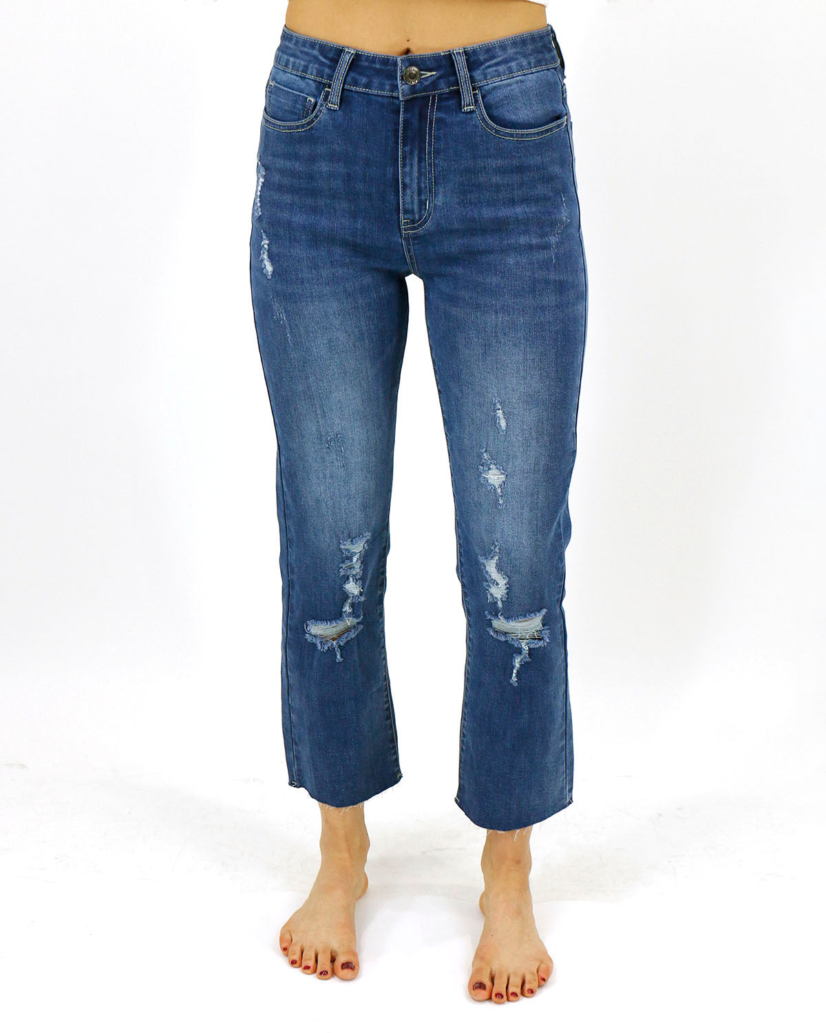 Mel's Fave Distressed Straight Leg Cropped Denim in Vintage Mid-Wash