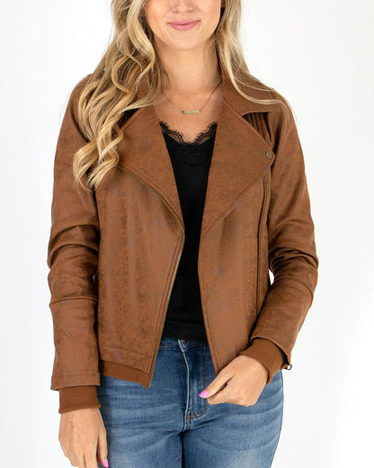 front view stock shot of camel move-free leather like moto jacket