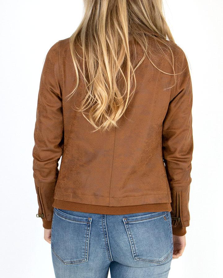 Back view stock shot of camel move-free leather like moto jacket
