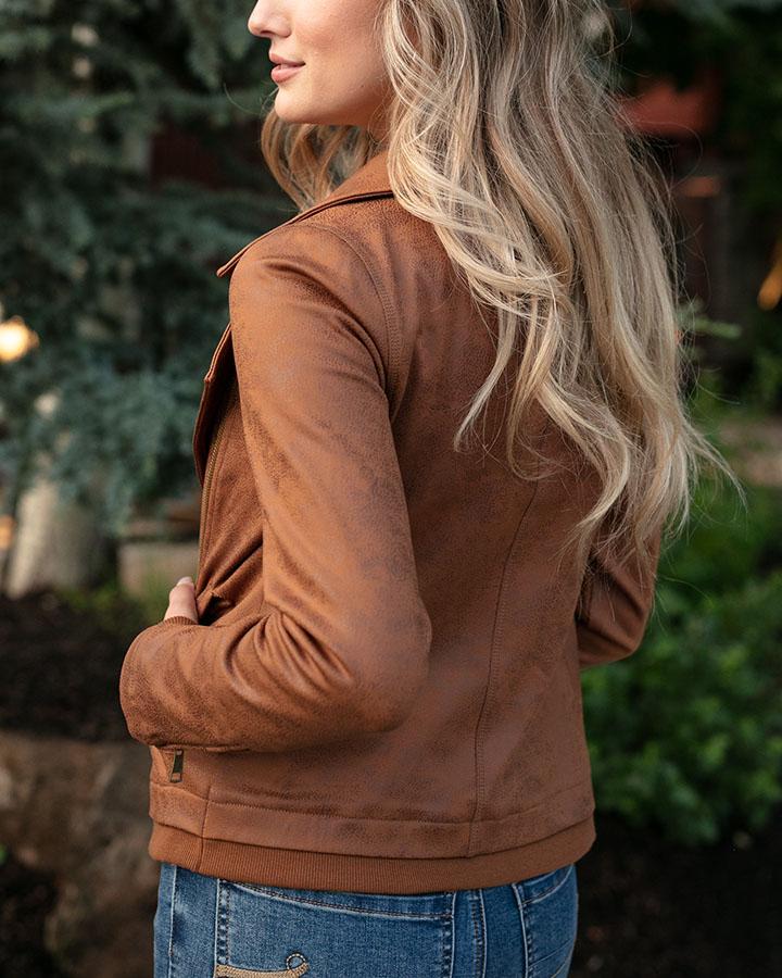 back view of camel move-free leather like moto jacket
