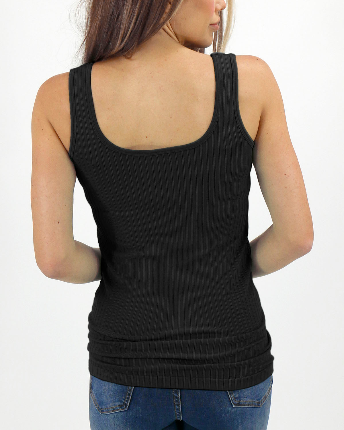back view stock shot of black seamless ribbed tank