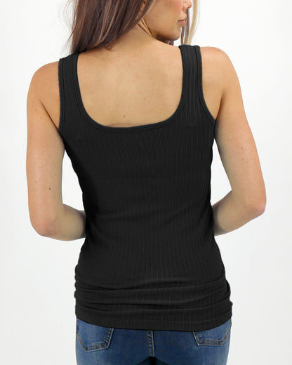 back view stock shot of black seamless ribbed tank
