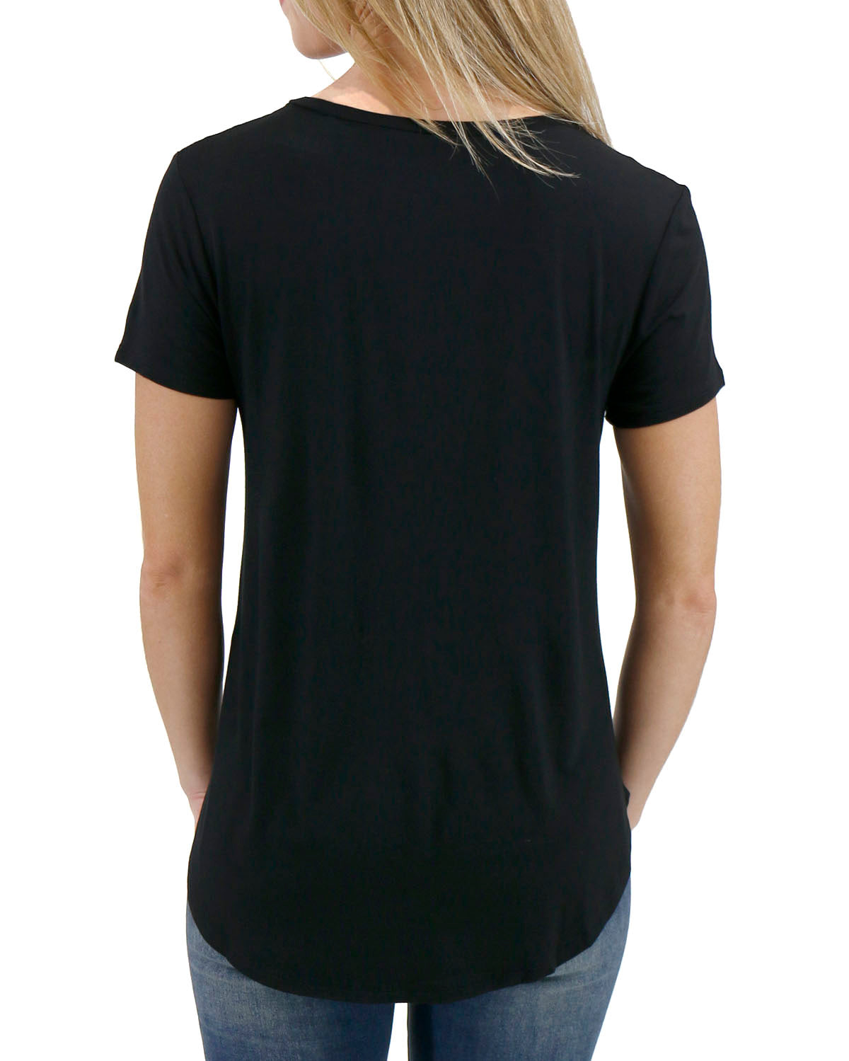 back view of black perfect v-neck tee