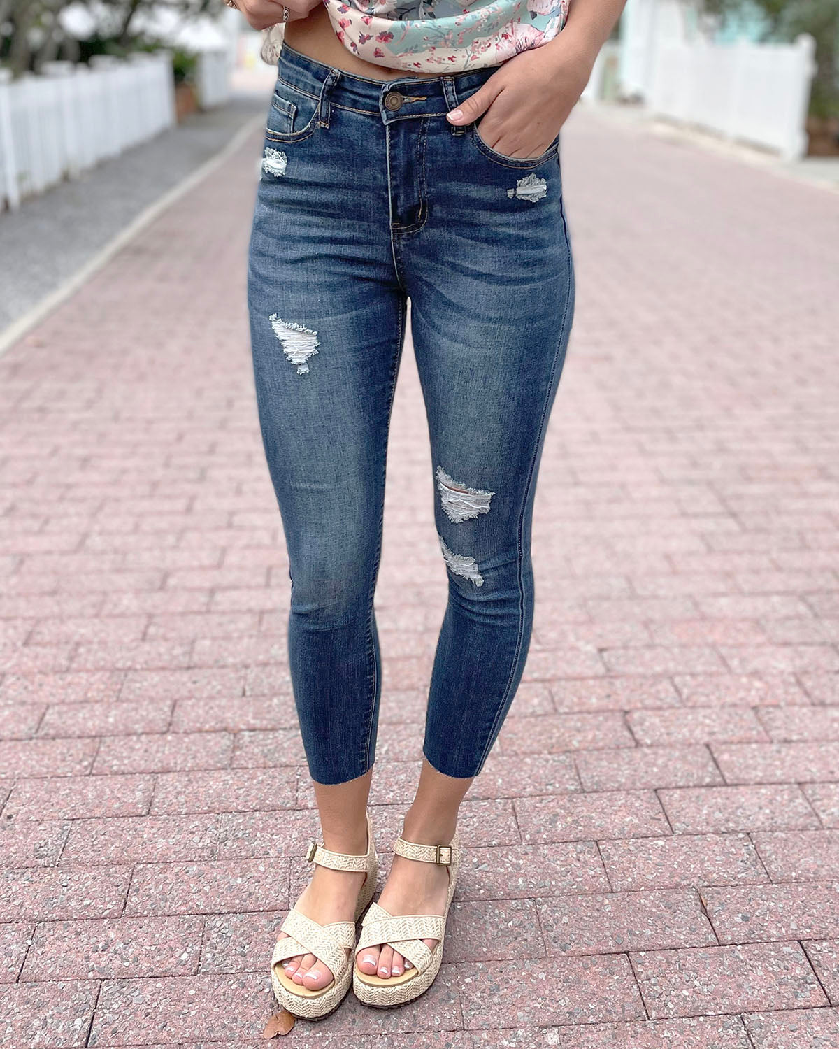 Repurposed Cropped Lightly Distressed Denim - Lace
