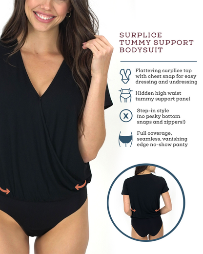 Surplice Tummy Support Bodysuit in Black - FINAL SALE