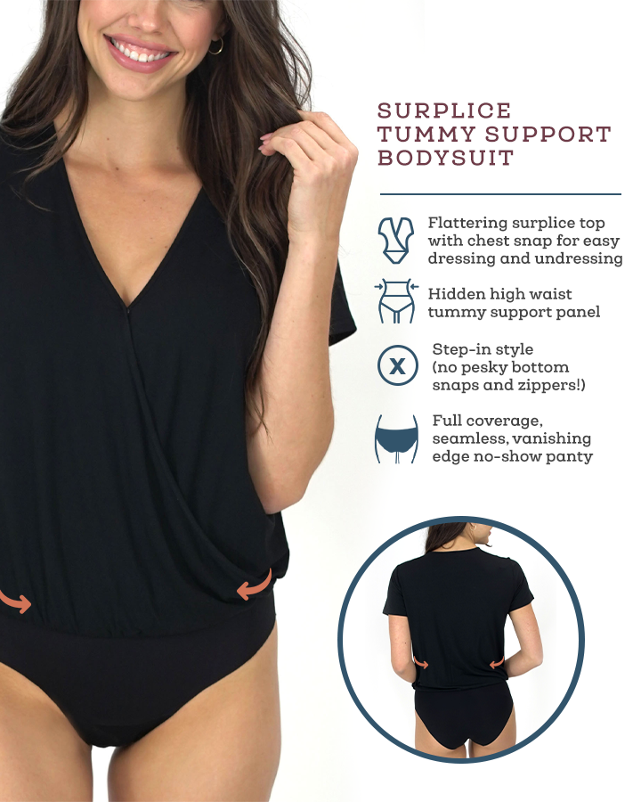 Surplice Tummy Support Bodysuit in Black