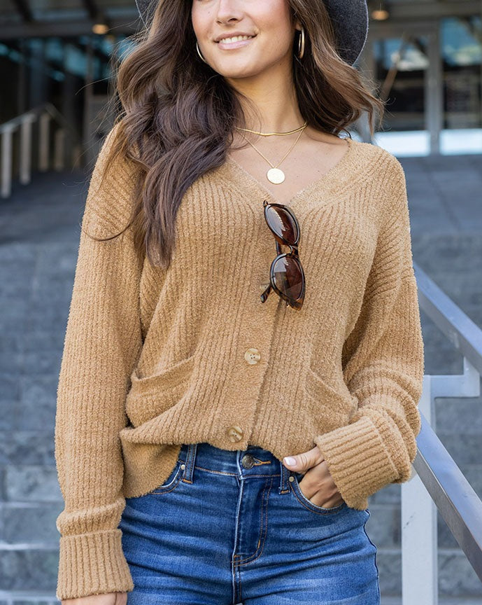 Bambü Ribbed Button Cardigan in Camel