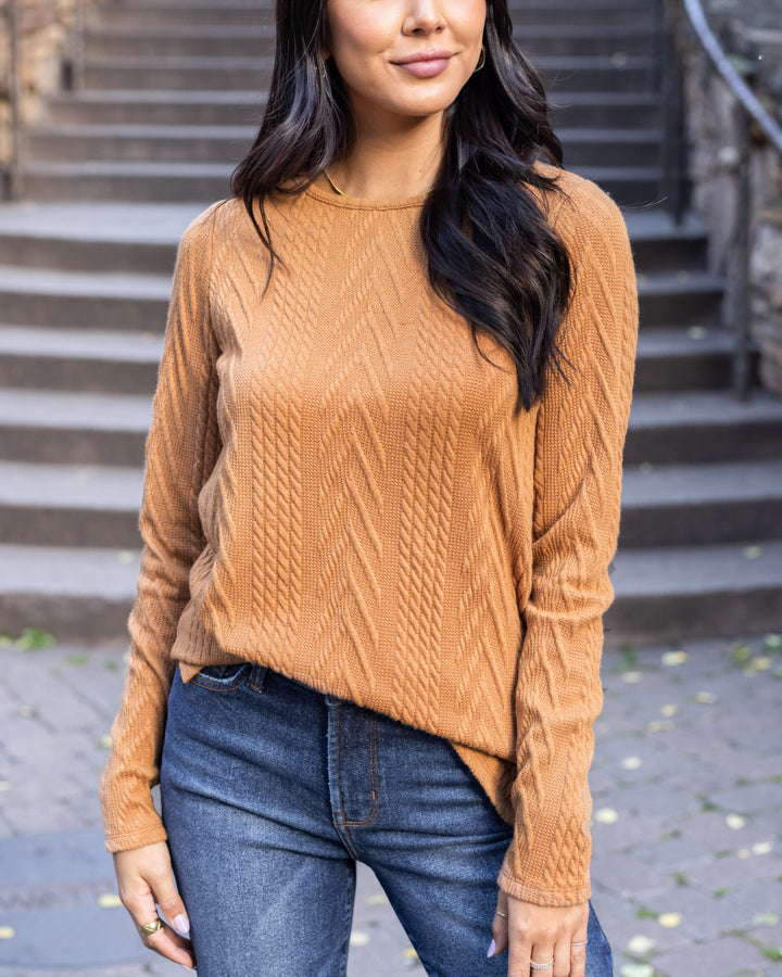 Cable Knit Fashion Top in Caramel
