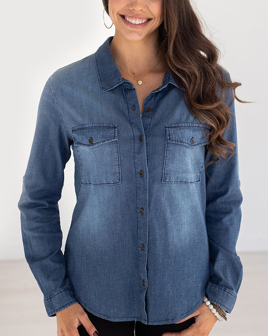Stretch Chambray Button Top in Classic Wash