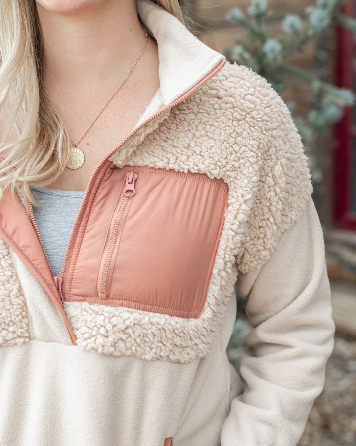 Colorblock Fleece Pullover in Biscotti