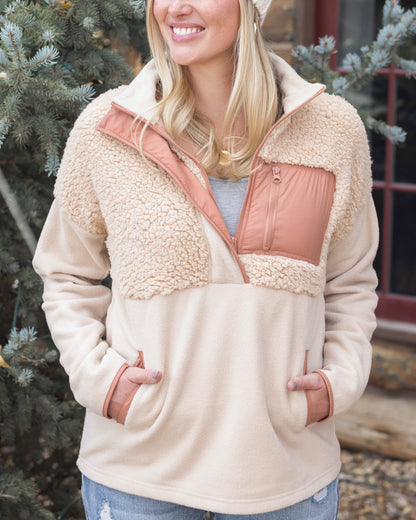 Colorblock Fleece Pullover in Biscotti - FINAL SALE - Grace and Lace