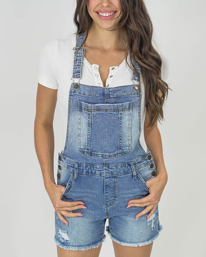 Distressed Overall Mid-Wash Shorts - FINAL SALE