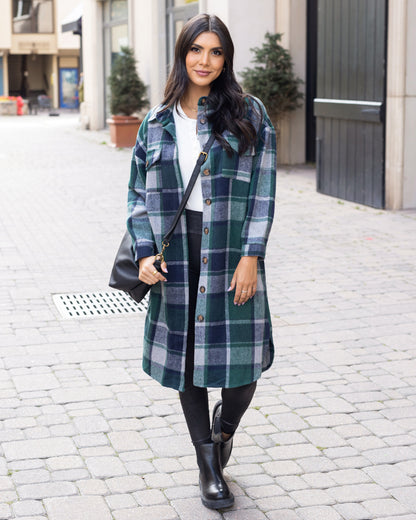 Duster Shacket in Emerald Plaid