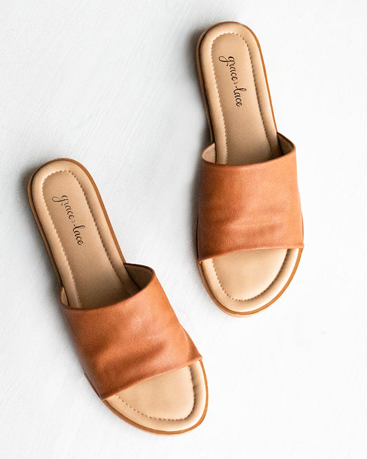 Faux Leather Slides in Saddle - FINAL SALE