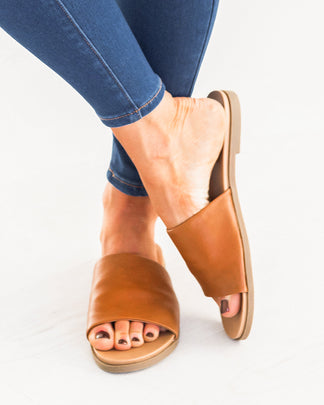 Faux Leather Slides in Saddle - FINAL SALE - Saddle / 7 - Grace and Lace