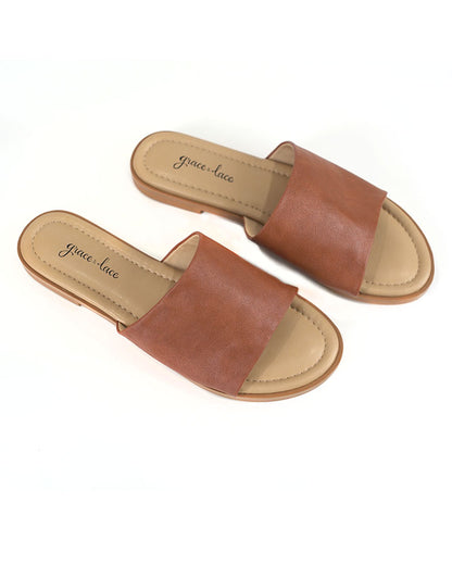 Faux Leather Slides in Saddle - FINAL SALE