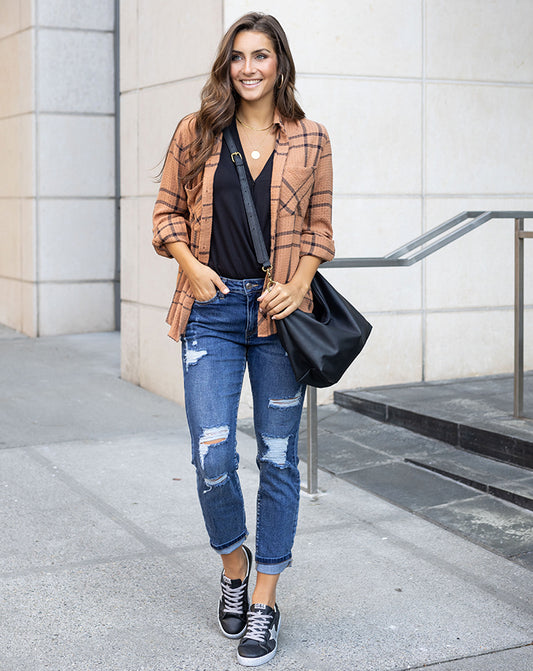 Favorite Button Up Top  in Whiskey Plaid