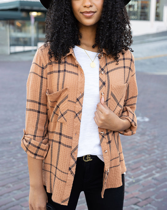 Favorite Button Up Top  in Whiskey Plaid