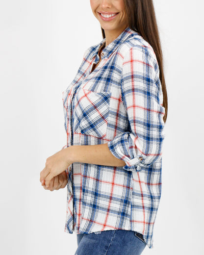 Favorite Button Up Top in Denim Plaid