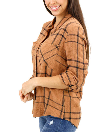 Favorite Button Up Top  in Whiskey Plaid