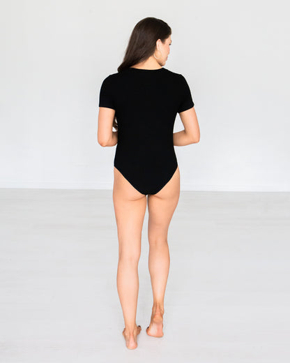 Ribbed Henley Bodysuit in Black