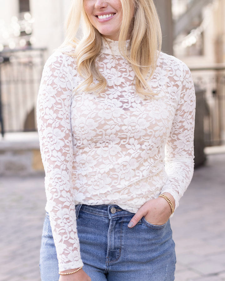 Layered Lace Mock Neck Top in Ivory - FINAL SALE