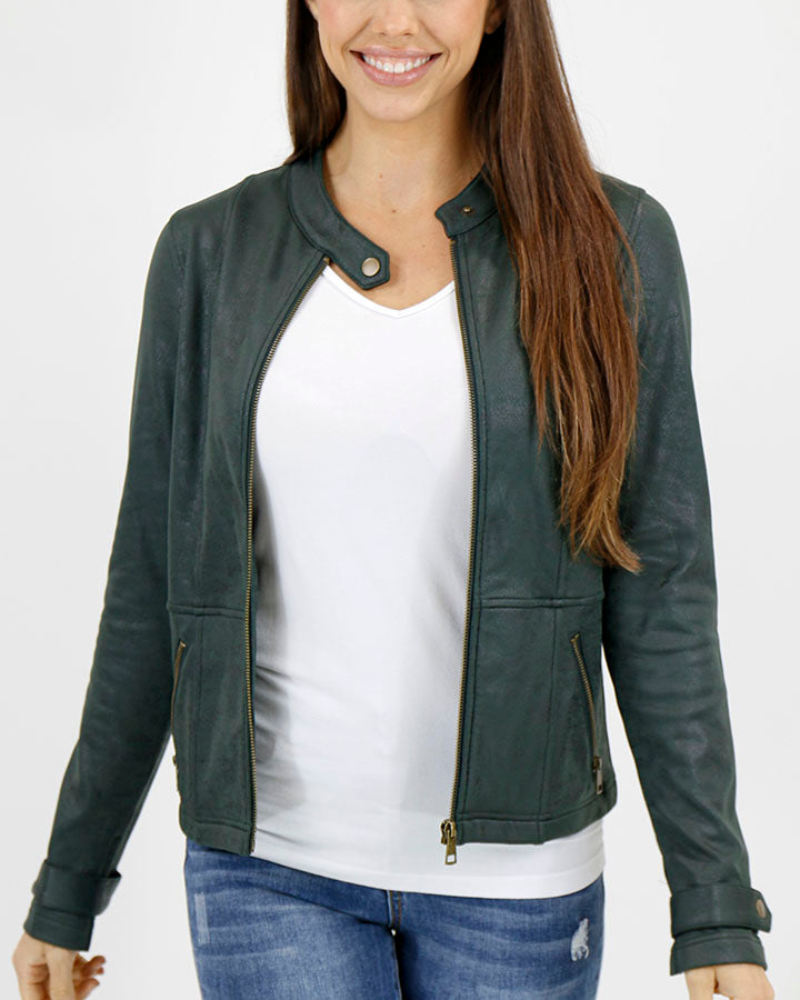 Leather Like Cafe Racer Jacket in Dark Green - Grace and Lace