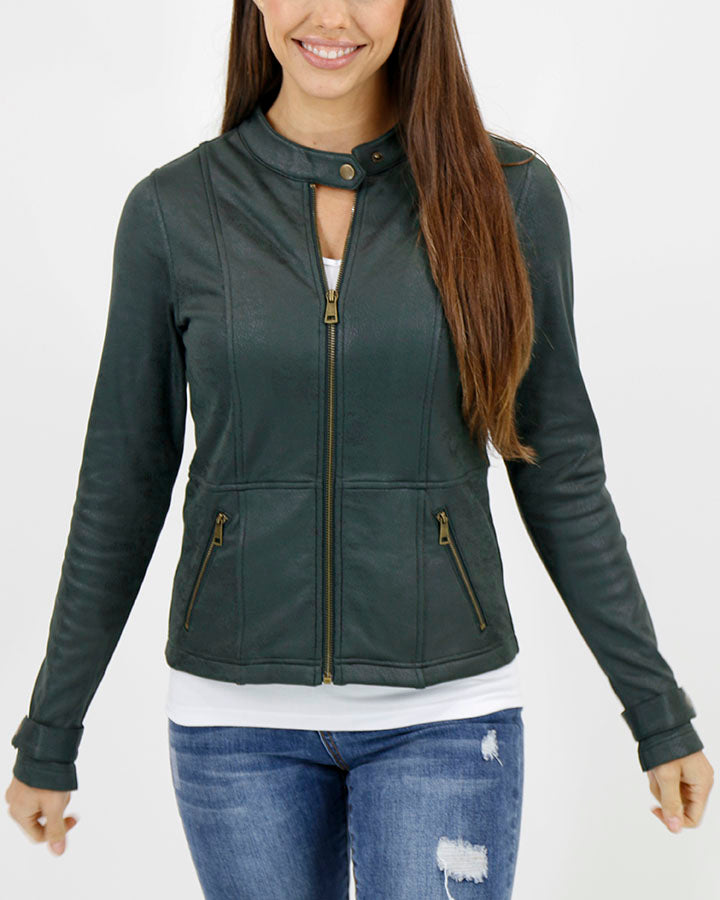 Leather Like Cafe Racer Jacket in Dark Green - Grace and Lace