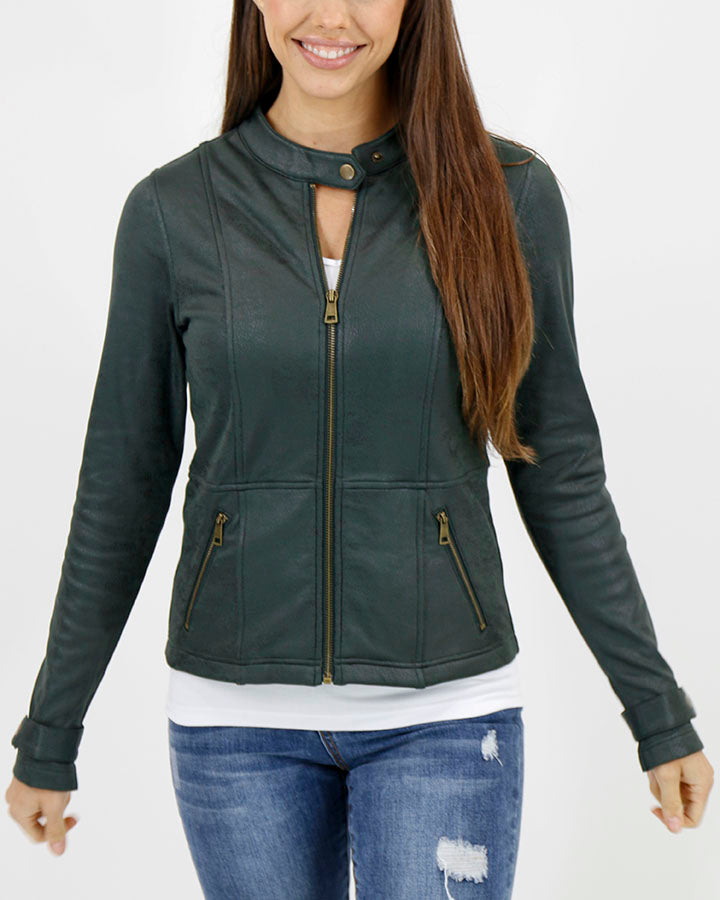 Leather Like Cafe Racer Jacket in Dark Green