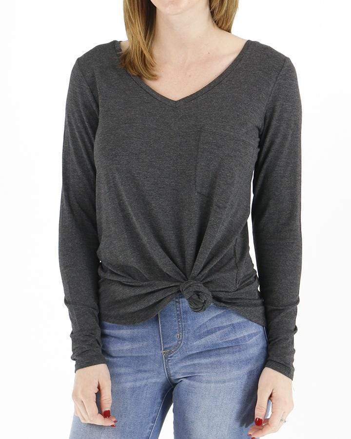 Long Sleeve Perfect Pocket Tee I Women's Long sleeve tee charcoal I Women's v neck tee