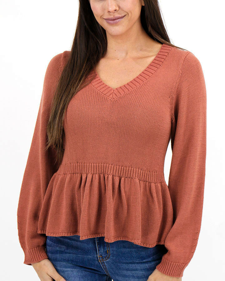 Mel's Pretty Peplum Sweater in Brick - FINAL SALE