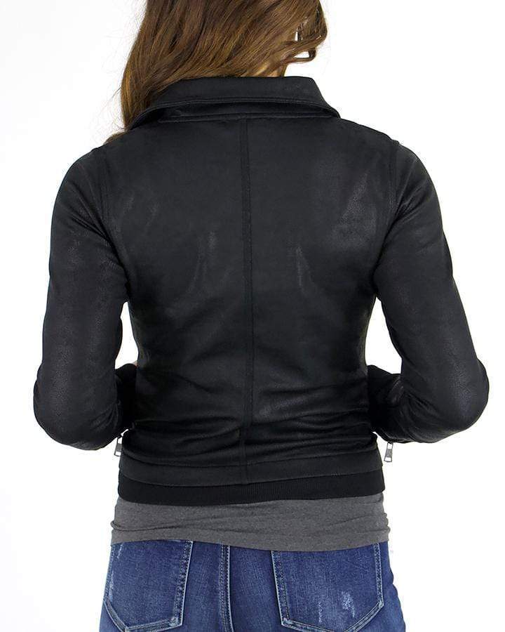 back view stock shot of black move-free leather like moto jacket