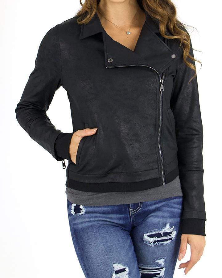 front view stock shot of black move-free leather like moto jacket