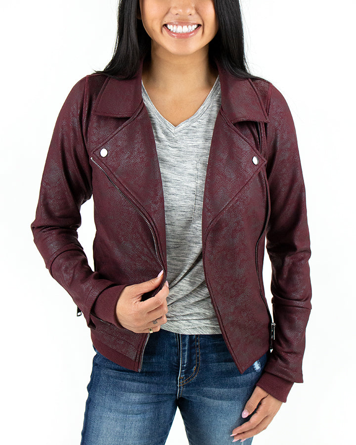 front view stock shot of bordeaux move-free leather like moto jacket