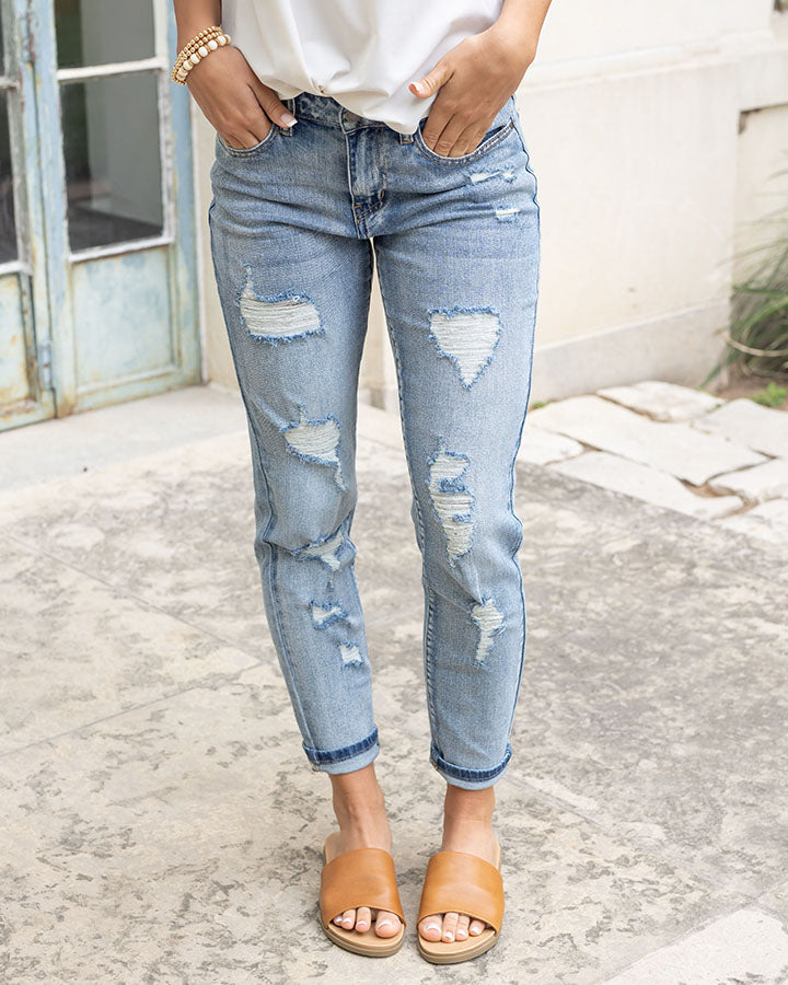 New Distressed Girlfriend Denim in Mid-Wash - Grace and Lace