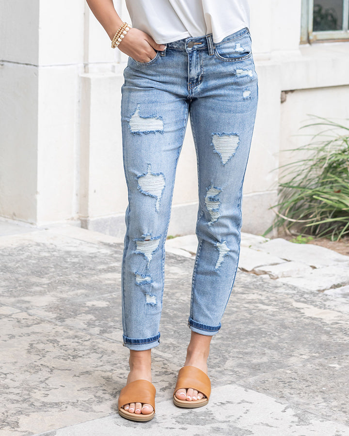 New Distressed Girlfriend Denim in Mid-Wash - FINAL SALE